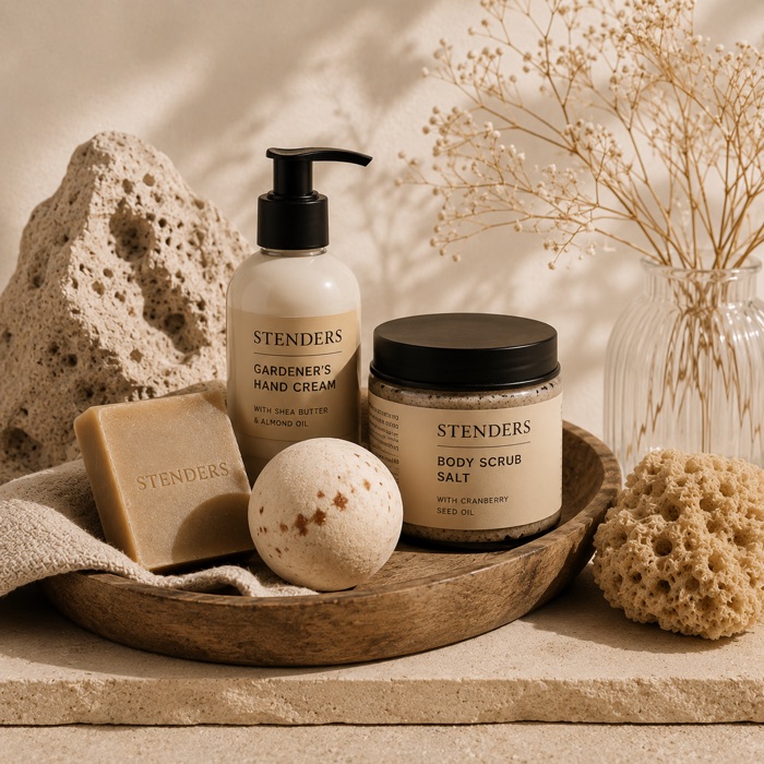 Stenders bath & body, in warm stone tones